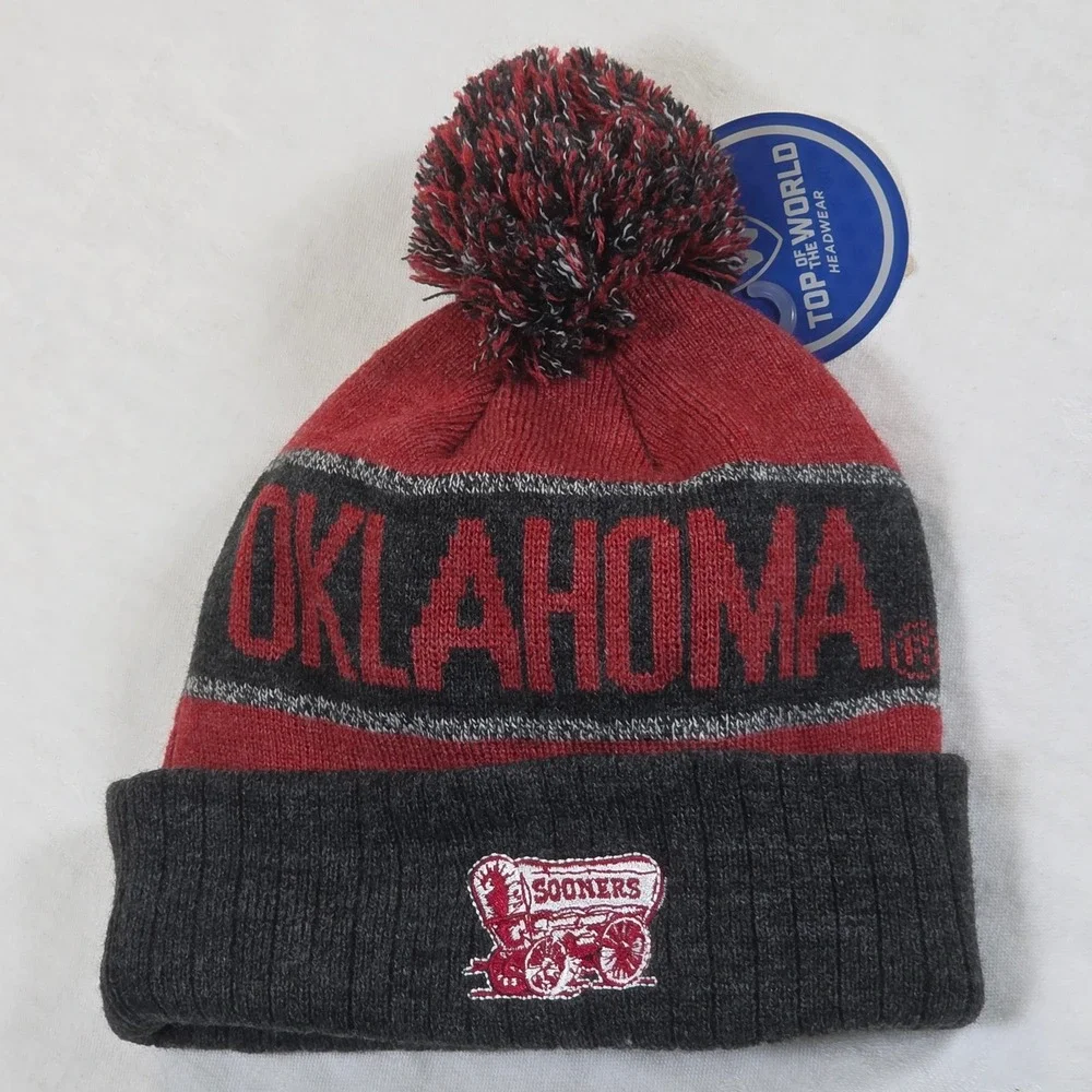 Top of the World Oklahoma Sooners Beanie Hat Knit Pom Cuffed Red Grey NWT